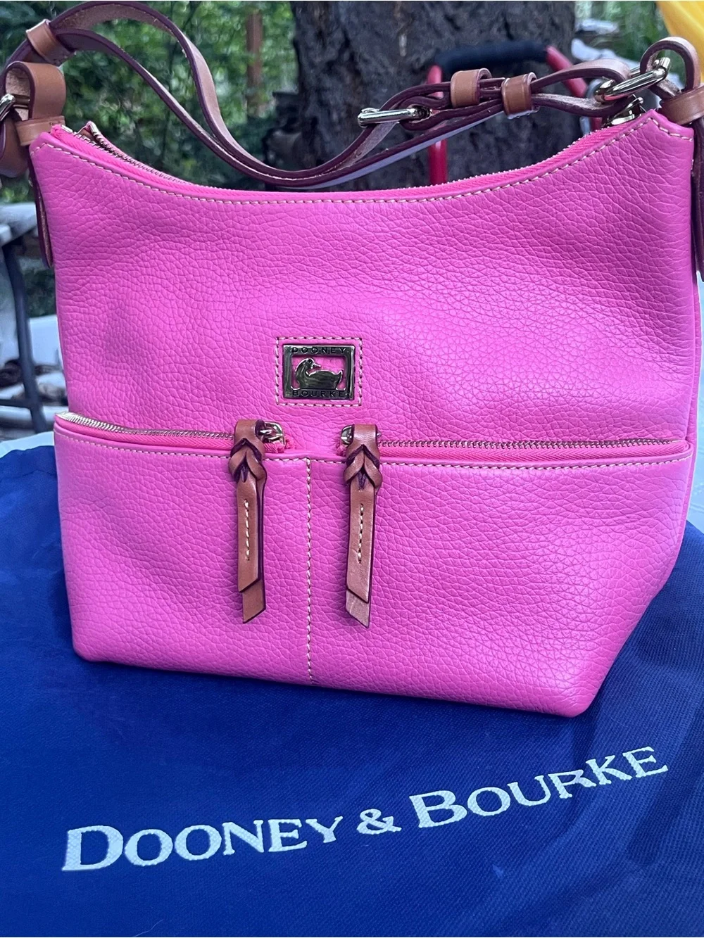 Dooney & Bourke Hot Pink Pebbled Leather Cosmetic Pouch with Tan Zipper Pulls